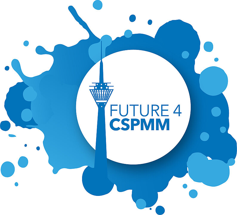 Zu sehen ist das Logo des Clinician Scientist-Programms: ein blauer Farbklecks, in dem in einem weißen Kreis in der Mitte eine schematische, blaue Darstellung des Rheinturms integriert ist. Daneben steht, ebenfalls in blau: "FUTURE 4 CSPMM"