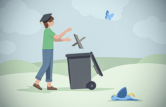 A person with a doctoral hat is throwing the letter X in a bin. Besides the bin lies a dead blue bird. Above the scene flies a blue butterfly.