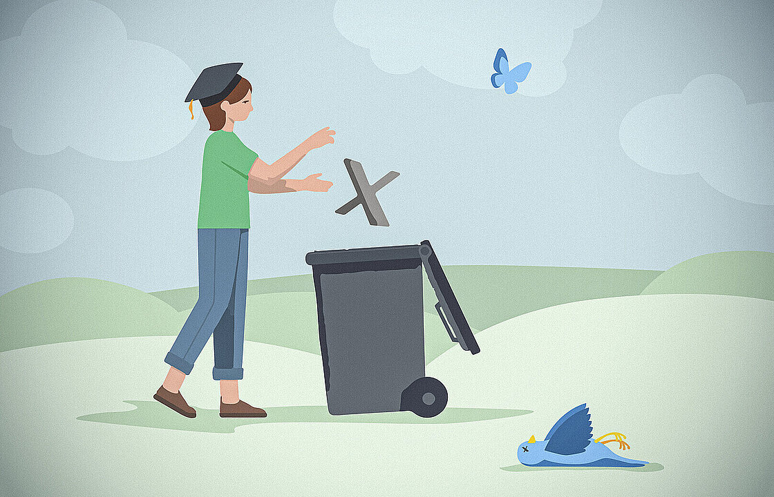 A person with a doctoral hat is throwing the letter X in a bin. Besides the bin lies a dead blue bird. Above the scene flies a blue butterfly.