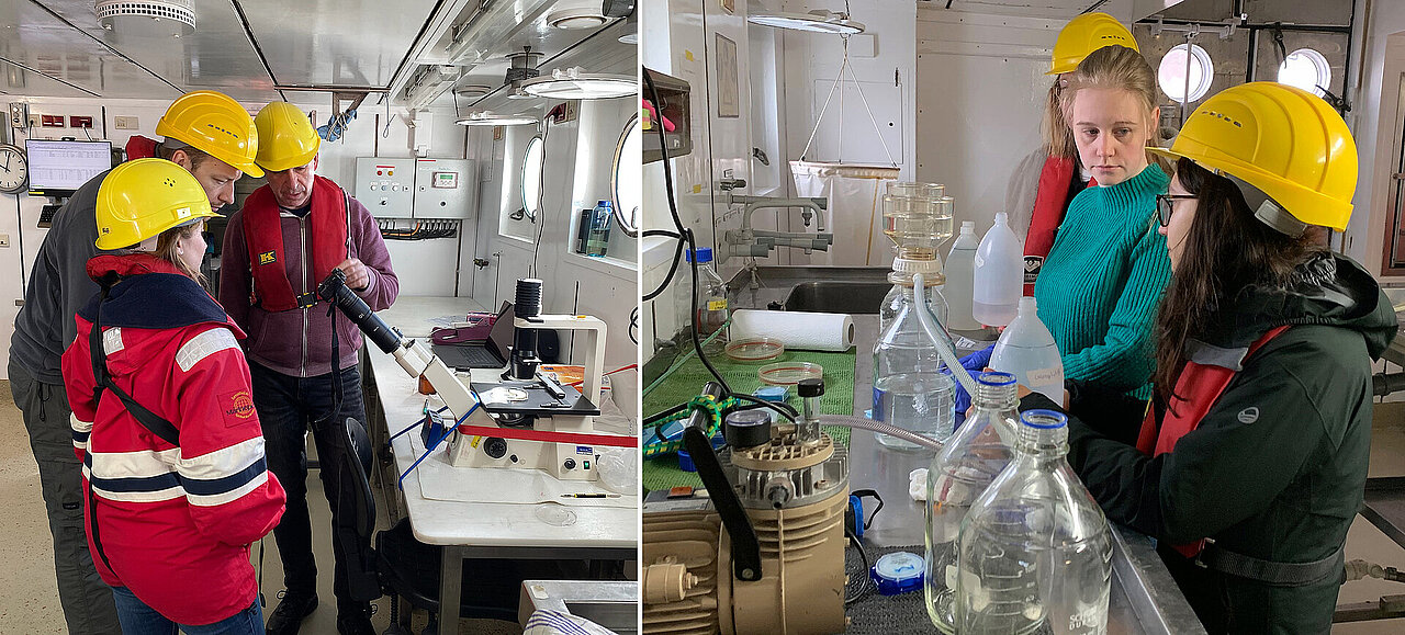 Wissenschaftler und Studierende im Schiffslabor. 