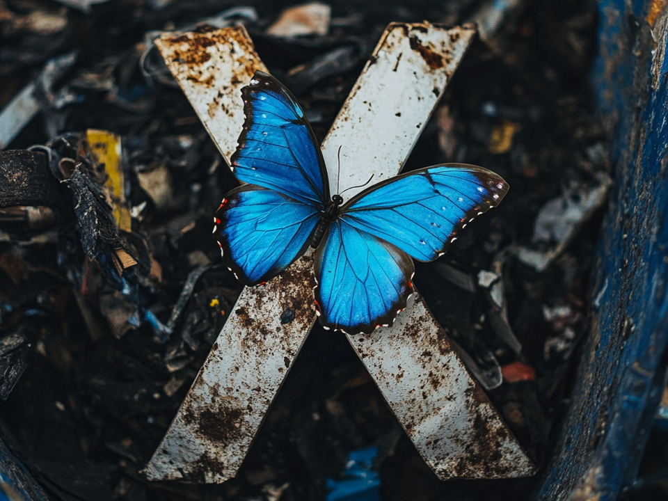 A blue butterfly is sitting on a dirty X