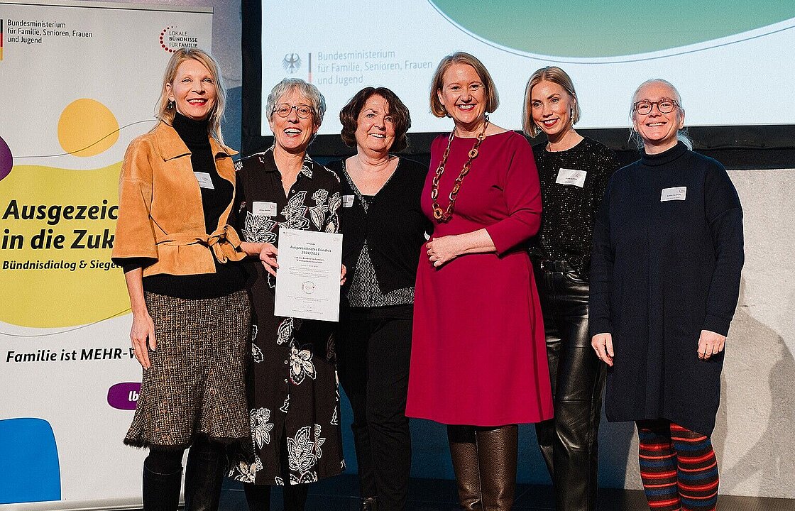 Sechs Personen stehen lächelnd vor einem Aufsteller