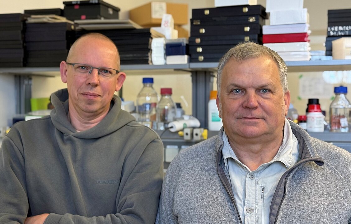 Dr. Andreas Müller-Schiffmann (links) und Prof. Dr. Carsten Korth (rechts) stehen gemeinsam in ihrem Labor. Müller-Schiffmann (groß, trägt Glatze und Brille) trägt einen dunkelgrauen Hoodie. Prof. Korth (graue Haare) trägt ein helles Hemd und eine graue Sweat-Jacke. Im Hintergrund ist das Labor zu sehen: es stehen verschiedene Falschen, Ordner und Geräte in einem Regal.