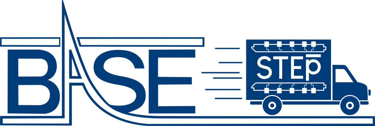 Logo von BASE-STEP: Ein Lieferwagen mit dem Schriftzug STEP fährt von dem Schriftzug BASE weg.