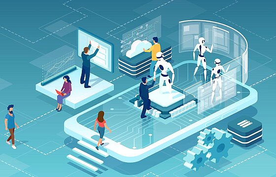 A futuristic office shows the alleged future of artificial intelligence