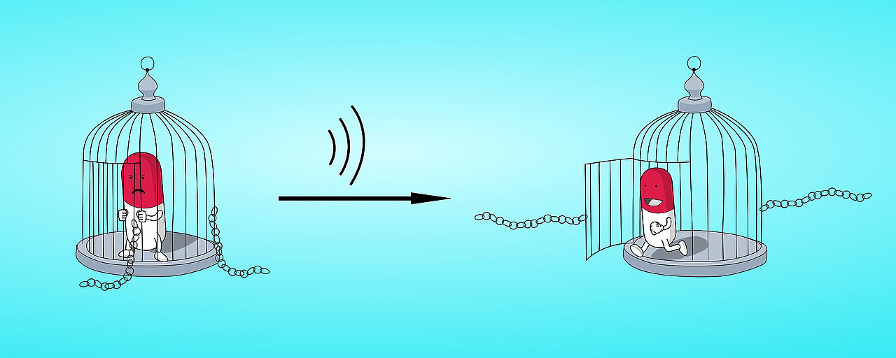 Die Grafik illustriert die Funktionsweise der supramolekularen Käfige: Wird Ultraschall eingestrahlt, öffnet sich der Käfig und gibt den Wirkstoff frei.