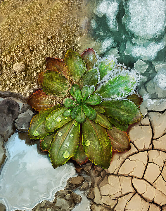 Eine Arabidopsispflanze in der Mitte, umgeben von verschieden beschaffenen Böden, die unterschiedliche Klimate symbolisieren.