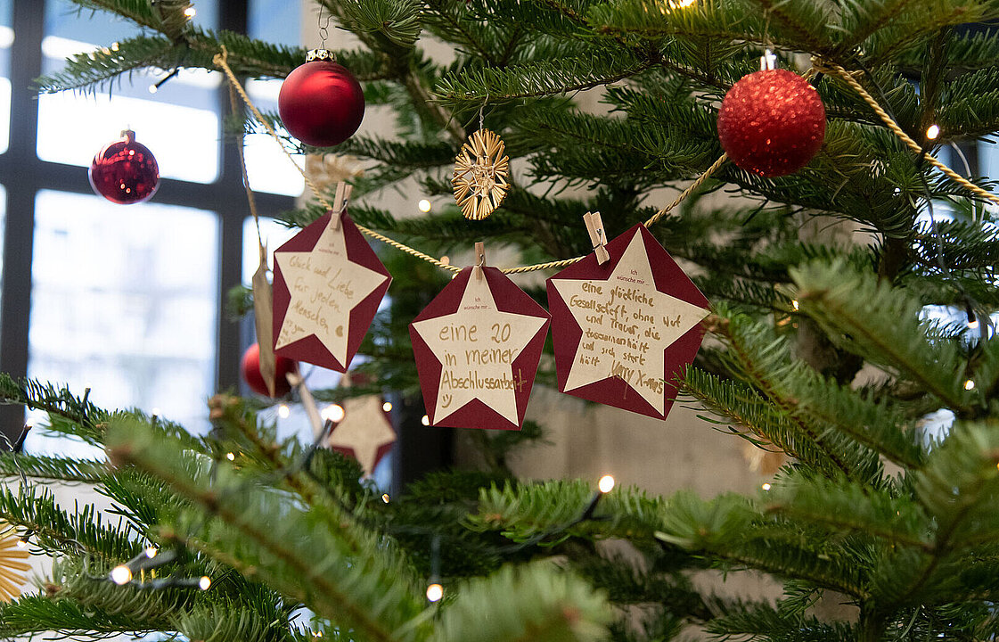 Beschriftete Sterne hängen in einem geschmückten Tannenbaum