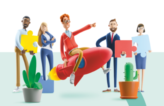 Mehrere Figuren rund um eine Rakete