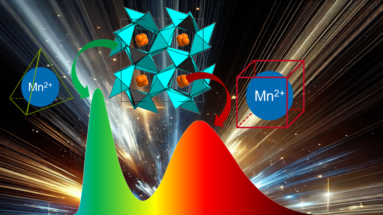 Grafik, die die Kristallstruktur eines Alkalilithooxidosilikates, die Lagebesetzung von Mangan 2+ und die daraus resultierenden Emissionsfarben zeigt. 