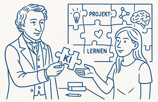 Eine stilisierte Zeichnung von zwei Personen, die ein Puzzleteil tauschen.