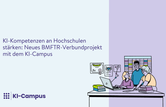 Grafik zum Projekt KI-Campus. Zu sehen ist eine Zeichnung mit drei Personen vor einem Schreibtisch, auf dem ein Computer steht. Daneben der Schriftzug "KI-Kompetenzen an Hochschulen stärken: Neues BMFTR-Verbundprojekt mit dem KI-Campus".