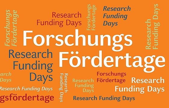 Schriftzug Forschungsfördertage in Deutsch und Englisch auf orangerotem Grund