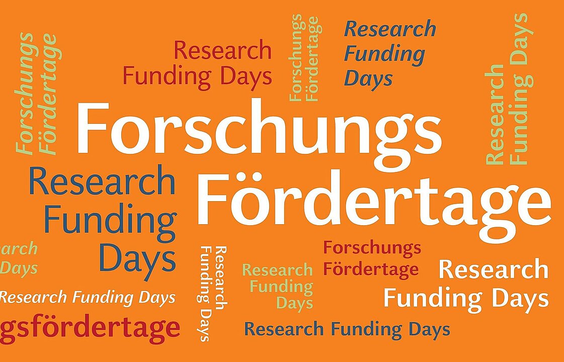 Schriftzug Forschungsfördertage in Deutsch und Englisch auf orangerotem Grund
