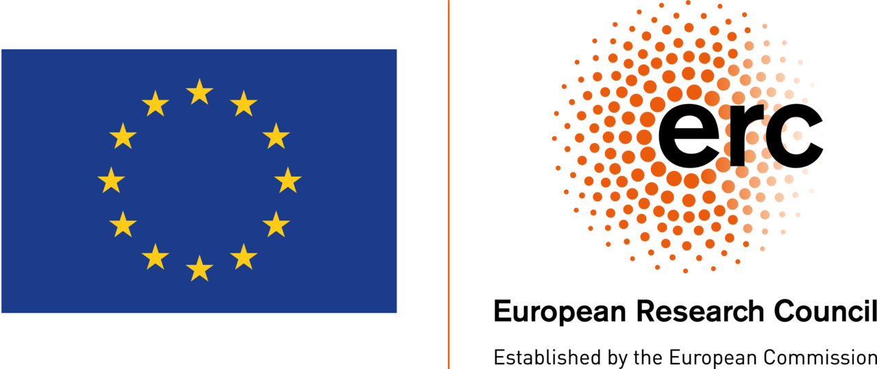 Links die EU-Fahne, rechts der Schriftzug erc über einer angedeutet sternförmigen Wolke aus orange-roten Punkten.