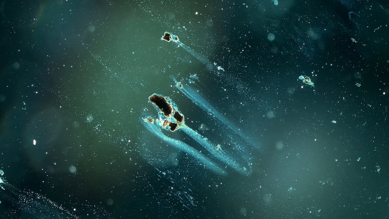 Grau-blau-grünliches Mikroskopbild, das Partikel zeigt, die eine Spur hinter sich herziehen.