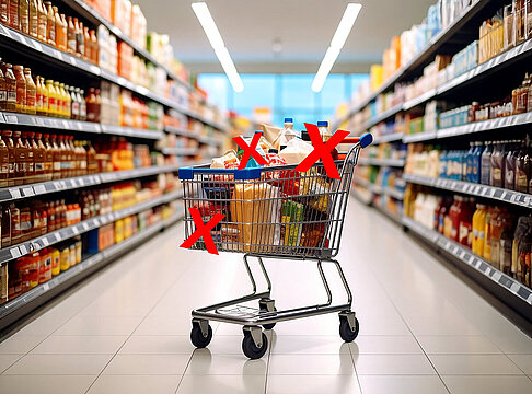 Gefüllter Einkausfwagen, bei dem einige Waren durchgestrichen sind.