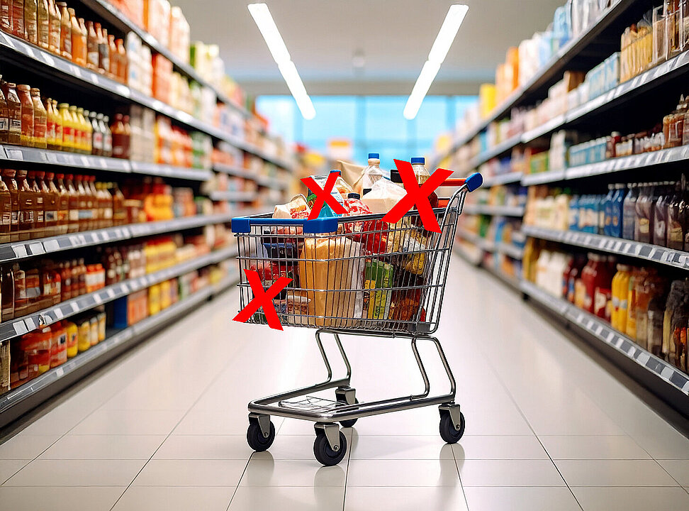 Gefüllter Einkausfwagen, bei dem einige Waren durchgestrichen sind.