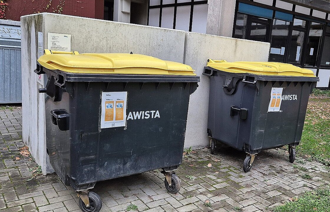 Zwei große Sammelcontainer vor einem Gebäude.
