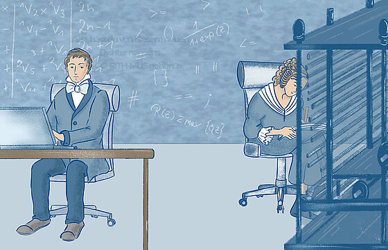 Zwei Personen sitzen an Schreibtischen