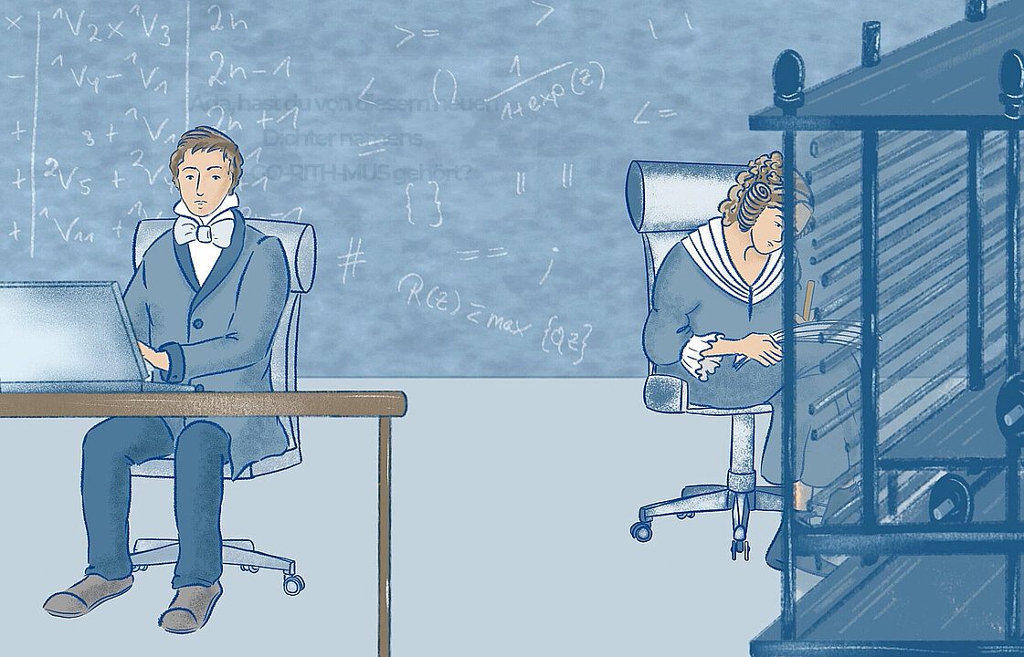 Zwei Personen sitzen an Schreibtischen