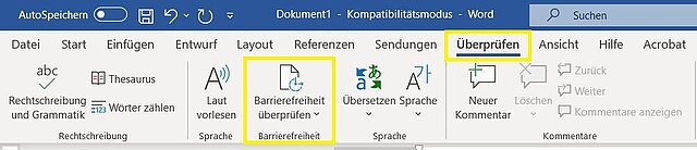 Screenshot des Word-Menüs mit der Option, Barrierefreiheitsoptionen zu überprüfen
