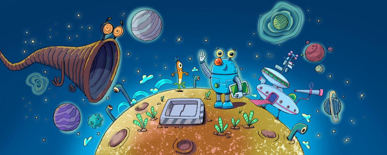 Die Titelgrafik zum Lernspiel Robo zeigt den Roboter auf einem angesdeuteten Planeten im Weltraum, umgeben von verschiedenen Objekten.