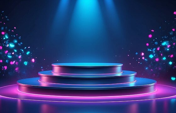 Beleuchtete Stufen, ein Podest, blau und violett angestrahlt