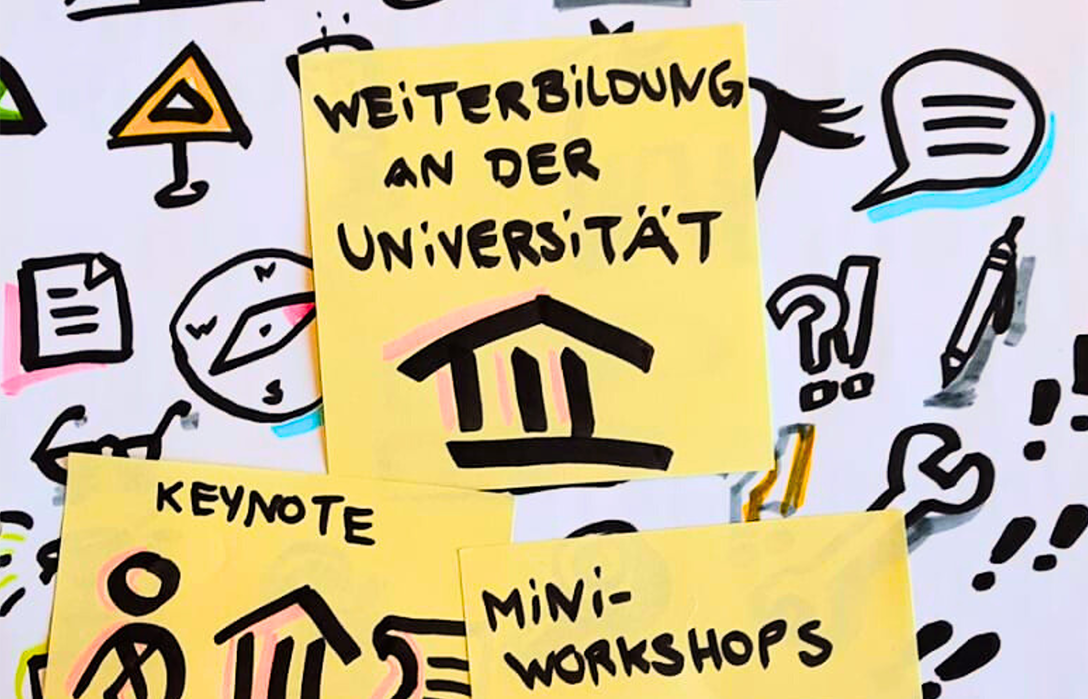 Post-its, auf denen Weiterbildung an der Universität, Keynote und Mini-Workshops steht
