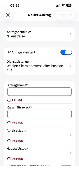 Screenshot des neuen Reiseportal mit Pflichtfelder wie Abreisestadt