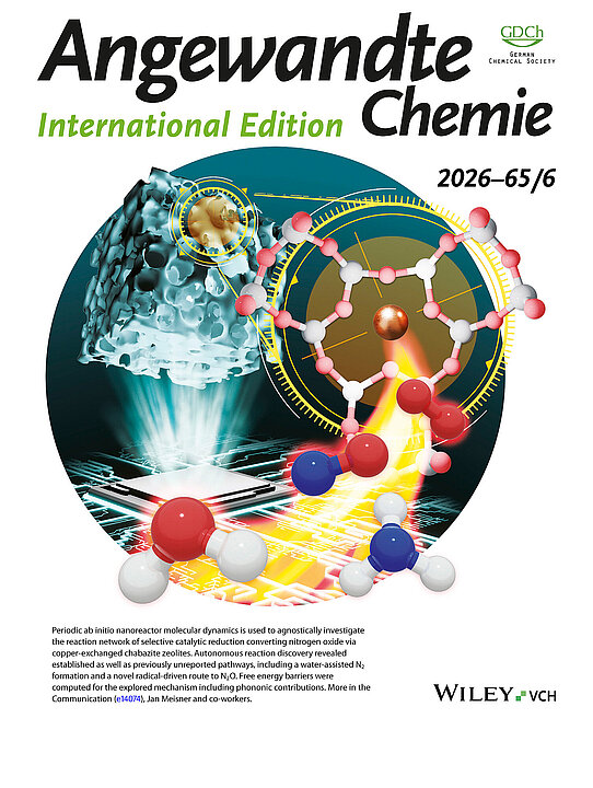 Titelblatt der Zeitschrift „Angewandte Chemie“, mit symbolischer Darstellung von Reaktionen, die in einem porösen Material katalysiert werden. 