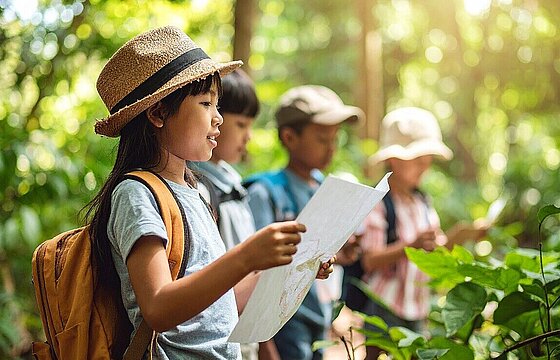 Vier Kinder mit einer Karte im Grünen