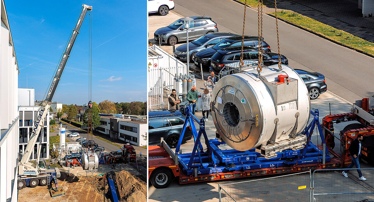 Das neue 7-Tesla-MRT für CARDDIAB wird vom Schwerlasttransporter gehoben und schwebt am Kranhaken.