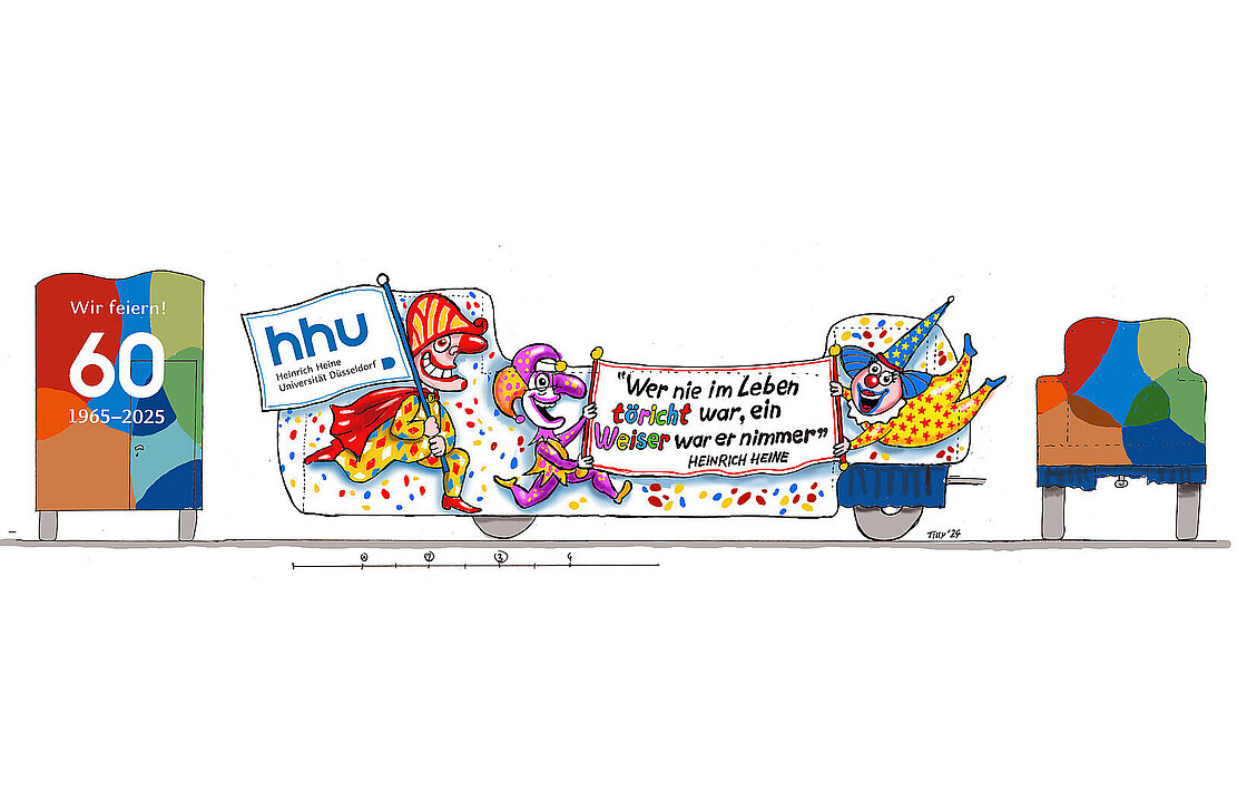 Entwurfszeichnung des HHU-Wagens. Rechts und links wird die Zeichnung jeweils von der Vorder- und Rückansicht des Wagens flankiert. Auf der Rückseite steht: Wir feiern! 60 / 1965-2025. Die Seite des Wagens ist bunt und auf weißem Grund gestaltet. Ein Harlekin trägt eine Fahne mit dem HHU-Logo. Zwei weitere Clowns halten ein Banner mit dem Zitat von Heinrich Heine: Wer im Leben töricht war, ein Weiser war er nimmer."