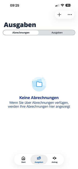 Screenshot des neuen Reiseportals mit dem Text "Sie haben keine Abrechnungen."