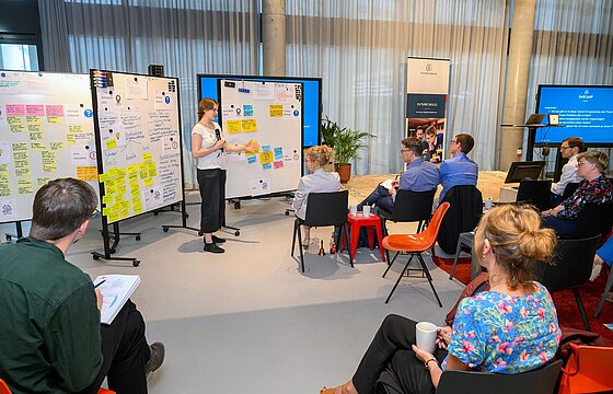Menschen sitzen vor Whiteboards und diskutieren