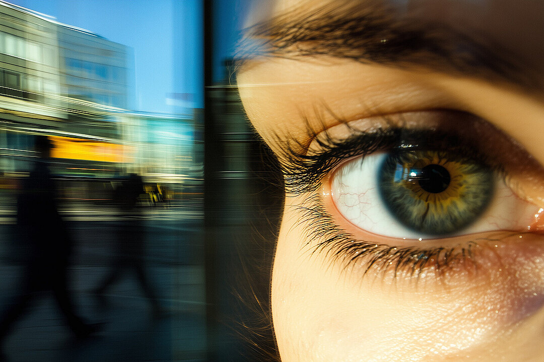 Auge in Nahaufnahme, links davon unscharfe Straßenszene.