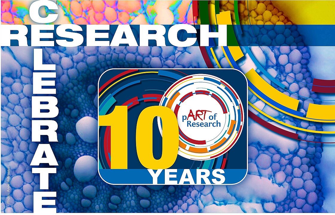 Die Schriftzüge 10 years und Celebrate Research vor buntem Hintergrund