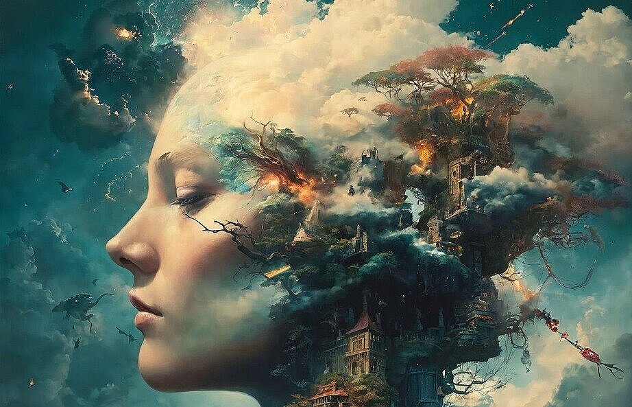 ein Kopf, umgeben von Wolken und Feuern