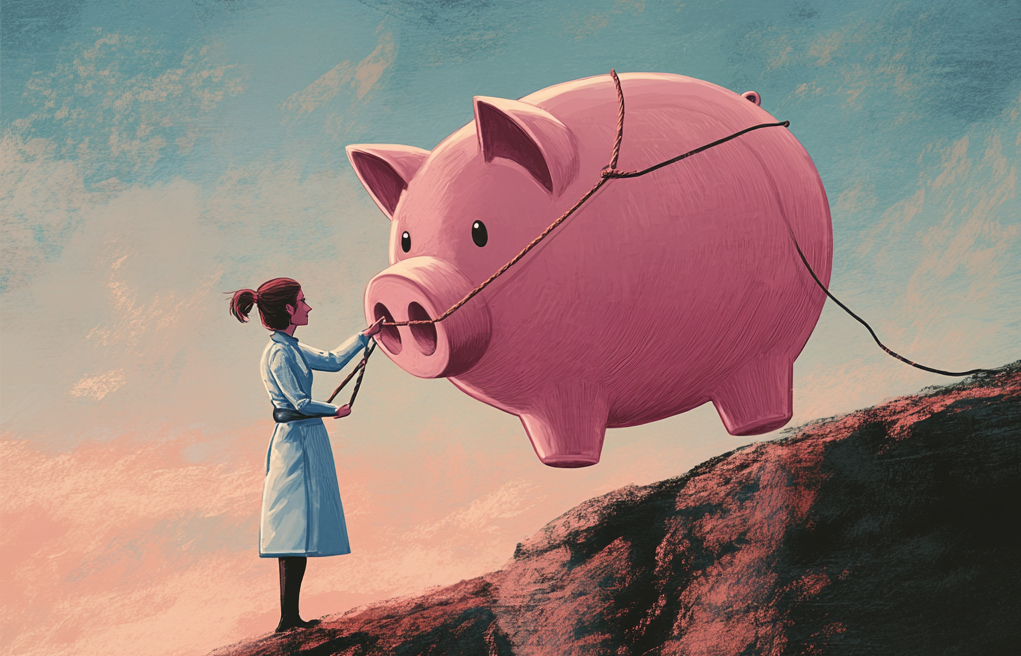 Comic-Style: Eine Wissenschaftlerin hält ein übergroßes und schwebendes Sparschwein mit einem Seil fest. Sie steht an einem Abhang.