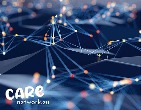 Netzwerk aus Punkten, die mit Linien verbunden werden oberhalb 3D-Struktur, mit Schriftzug CARE network.eu