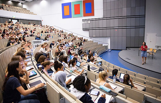 Blick von oben auf Stuhlreihen mit Menschen im Hörsaal, unten steht eine Person