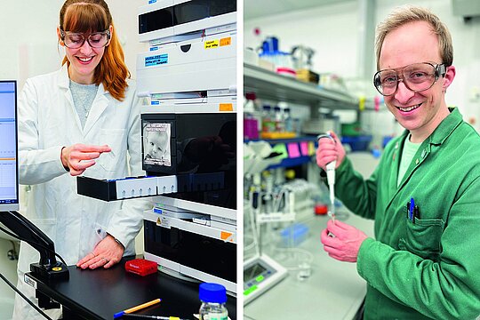 Portraitfotos von Dr. Sophie M. Gutenthaler-Tietze und Dr. Jonathan Gutenthaler-Tietze im Labor
